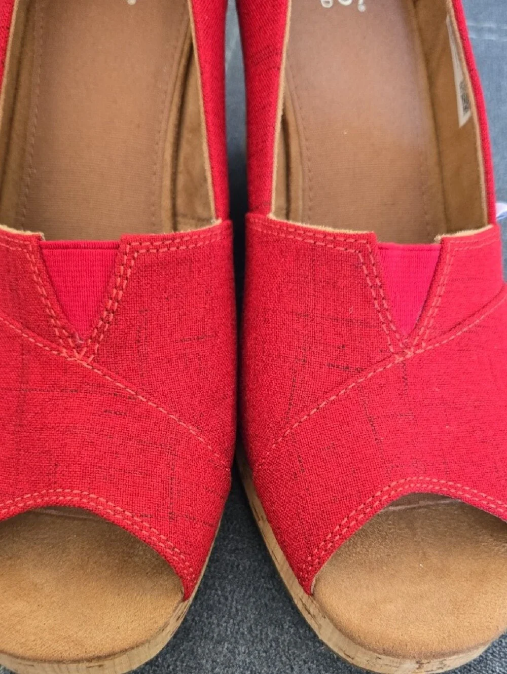 TOMS Red Peep-Toe Cork Wedge Espadrilles